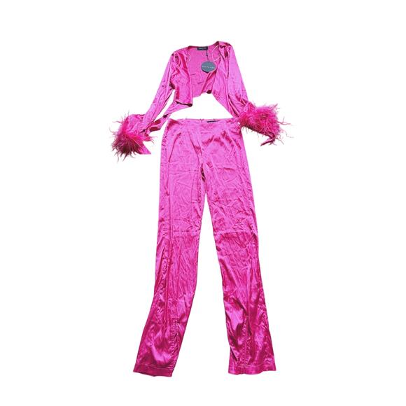NWT White Fox Feather Trim Satin Pajama SET Hot Pink 2 Pc Small Barbie Feminine - Picture 4 of 10